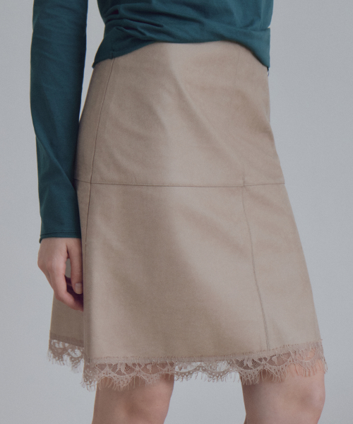 Lace Trim Leather Skirt_CTS640(Beige)