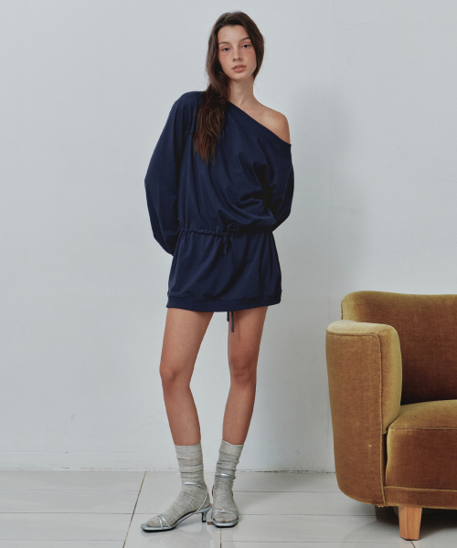 Off-Shoulder Drawstring Mini Dress_CTOP721(Navy)