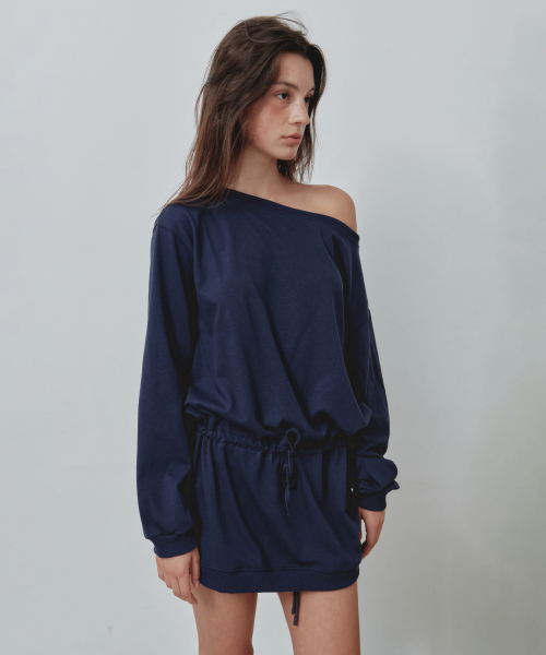 Off-Shoulder Drawstring Mini Dress_CTOP721(Navy)