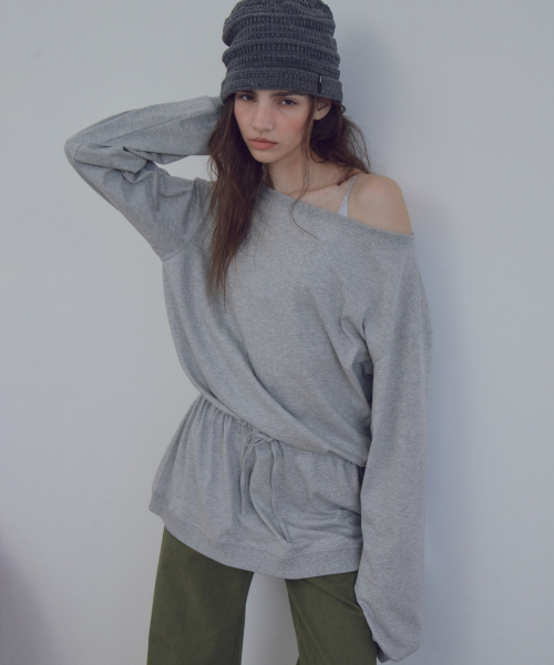 Off-Shoulder Drawstring Mini Dress_CTOP721(Melange Grey)