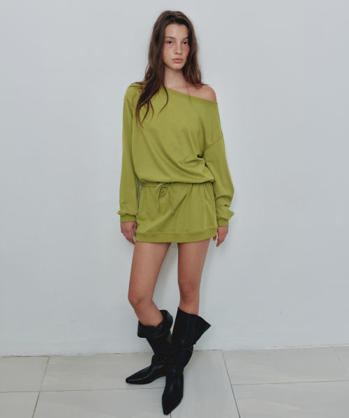 Off-Shoulder Drawstring Mini Dress_CTOP721(Olive)
