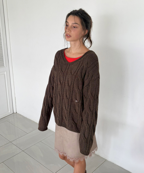 Wool Blend Cable V-Neck Knit_CTK281(Brown)