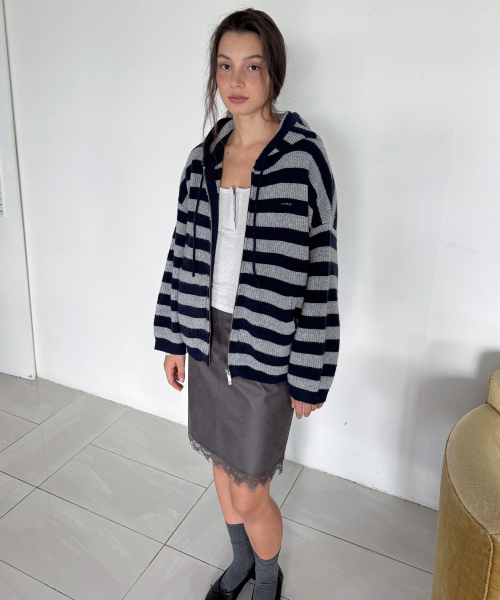 Daily Stripe Hacci Knit Hood Zip-up_CTK280(Navy)