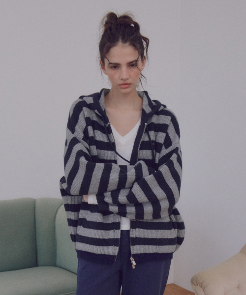 Daily Stripe Hacci Knit Hood Zip-up_CTK280(Navy)