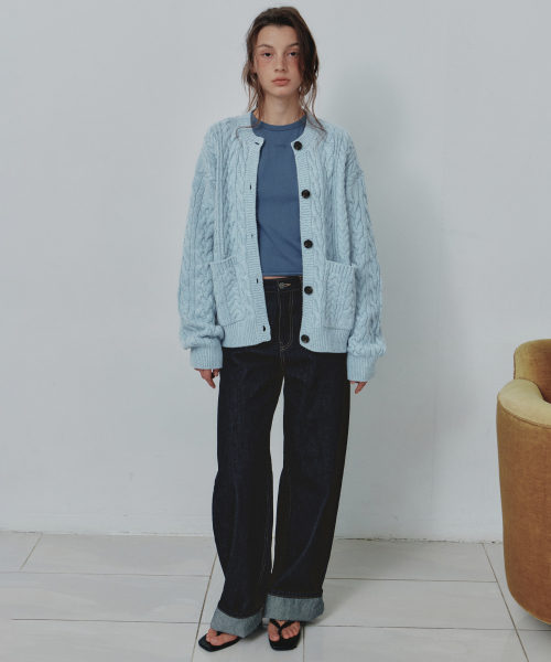 Wool Blend Arch Cable Oversized Cardigan_CTK283(Blue)