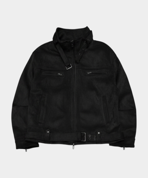 Eyelet Belt Detail Oversized High-Neck Suede Two-Way Zip-Up Jacket _2COLOR