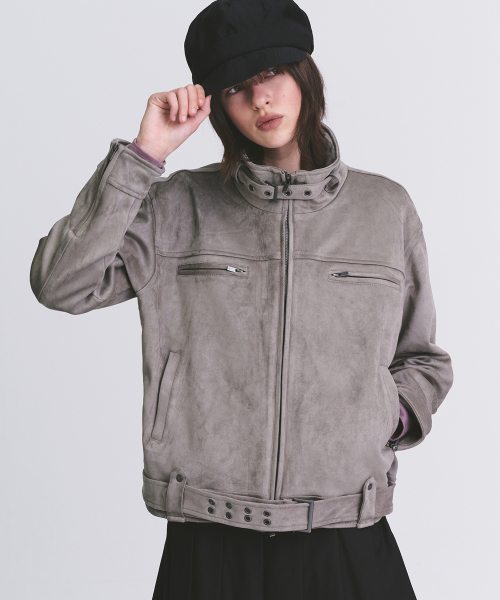 Eyelet Belt Detail Oversized High-Neck Suede Two-Way Zip-Up Jacket _2COLOR