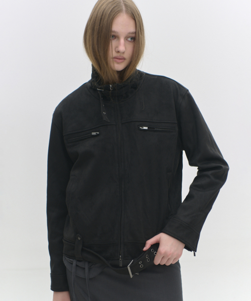 Eyelet Belt Detail Oversized High-Neck Suede Two-Way Zip-Up Jacket _2COLOR