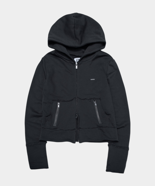Distressed Daily Pocket Zip With Logo Detail Semi-Crop Hoodie Zip Up Jacket_2COLOR