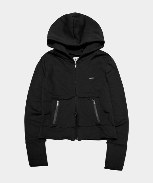 Distressed Daily Pocket Zip With Logo Detail Semi-Crop Hoodie Zip Up Jacket_2COLOR