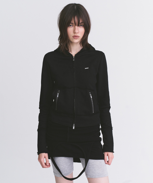 Distressed Daily Pocket Zip With Logo Detail Semi-Crop Hoodie Zip Up Jacket_2COLOR