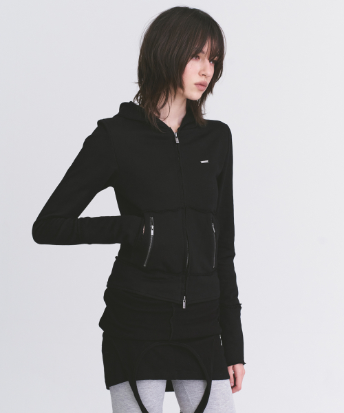 Distressed Daily Pocket Zip With Logo Detail Semi-Crop Hoodie Zip Up Jacket_2COLOR