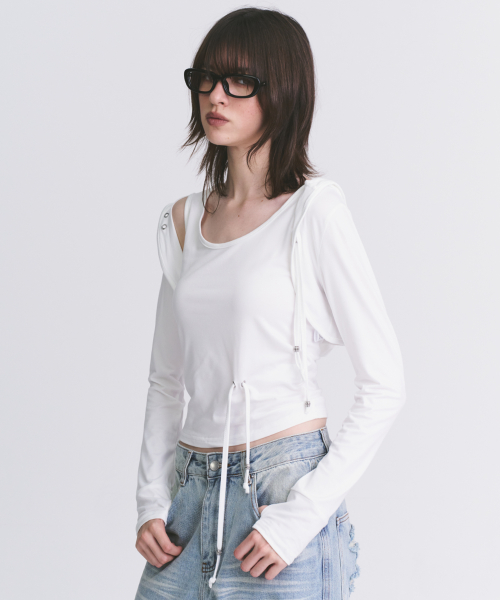 Eyelet Strap Ball Embellished Long-Sleeve Hoodie Bolero Cardigans Tank 2pcs Homewear Set_2COLOR