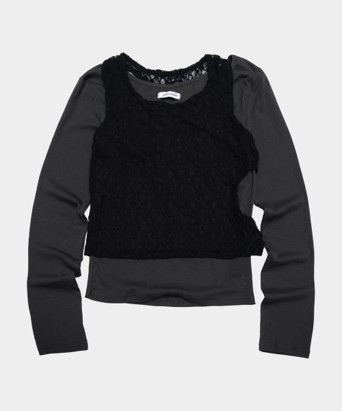 Womens Color-Block Lace Layered Tank & Long Sleeve Slim Fit T Shirt Homewear Set_2COLOR