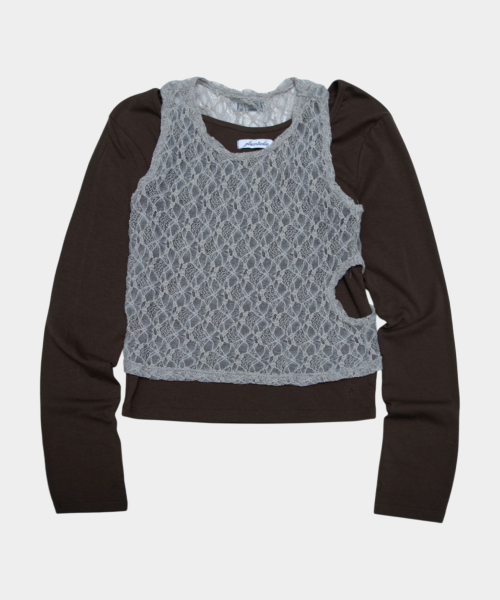 Womens Color-Block Lace Layered Tank & Long Sleeve Slim Fit T Shirt Homewear Set_2COLOR