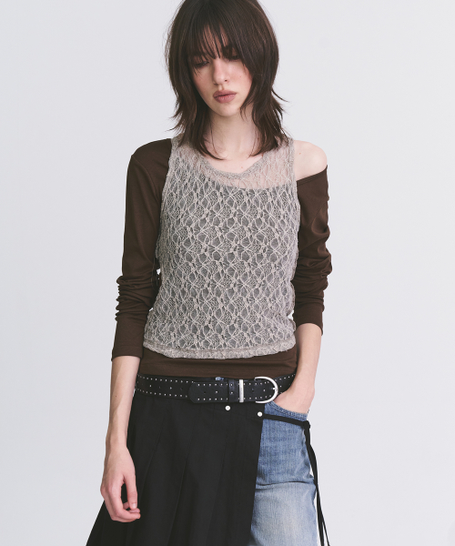 Womens Color-Block Lace Layered Tank & Long Sleeve Slim Fit T Shirt Homewear Set_2COLOR