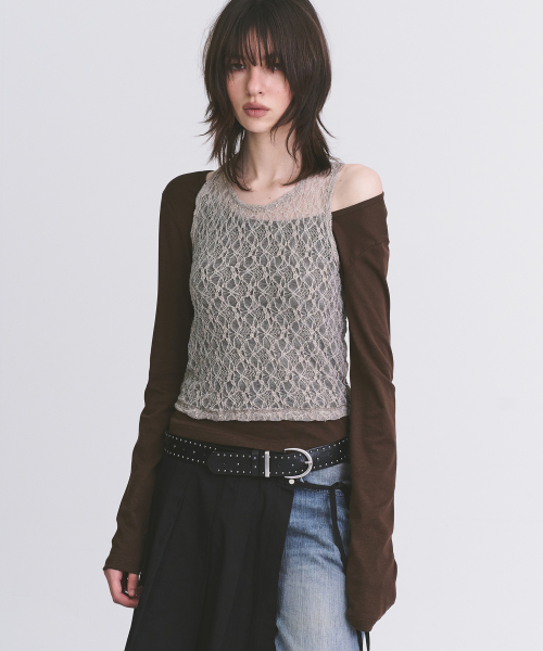 Womens Color-Block Lace Layered Tank & Long Sleeve Slim Fit T Shirt Homewear Set_2COLOR