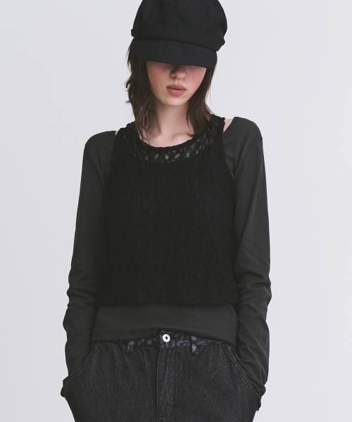 Womens Color-Block Lace Layered Tank & Long Sleeve Slim Fit T Shirt Homewear Set_2COLOR