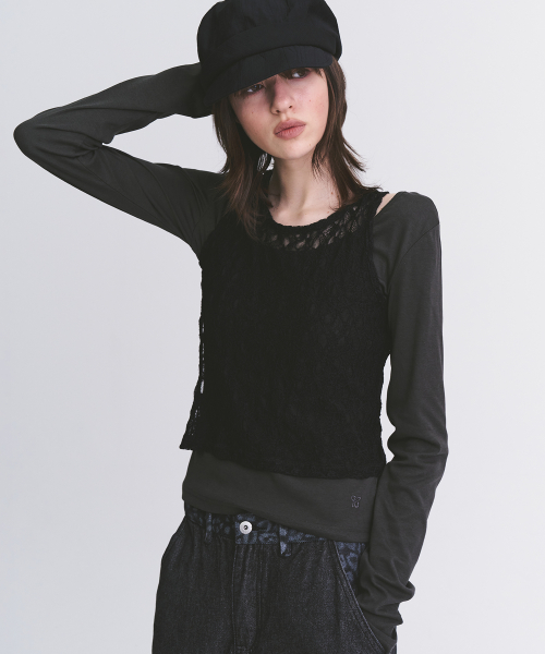 Womens Color-Block Lace Layered Tank & Long Sleeve Slim Fit T Shirt Homewear Set_2COLOR