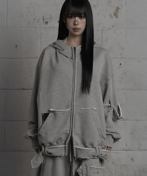 Belted Raw Edge Hood Zip-Up (Melange Gray)