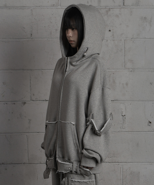 Belted Raw Edge Hood Zip-Up (Melange Gray)