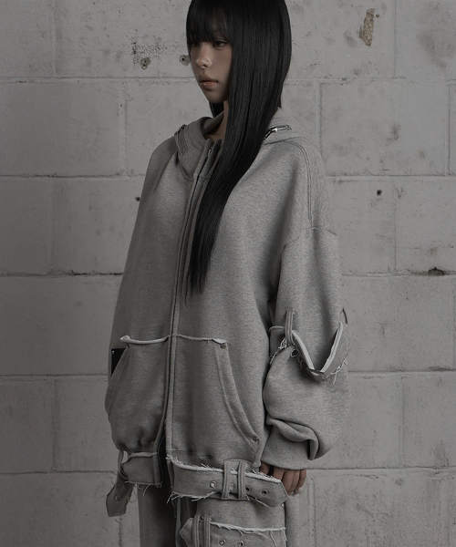 Belted Raw Edge Hood Zip-Up (Melange Gray)
