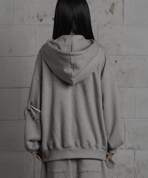 Belted Raw Edge Hood Zip-Up (Melange Gray)
