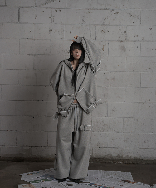 Belted Raw Edge Hood Zip-Up (Melange Gray)