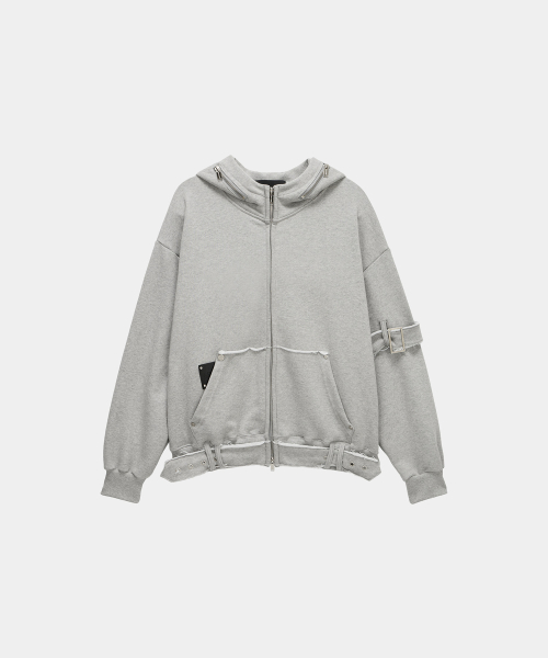 Belted Raw Edge Hood Zip-Up (Melange Gray)