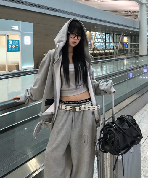 Belted Raw Edge Hood Zip-Up (Melange Gray)