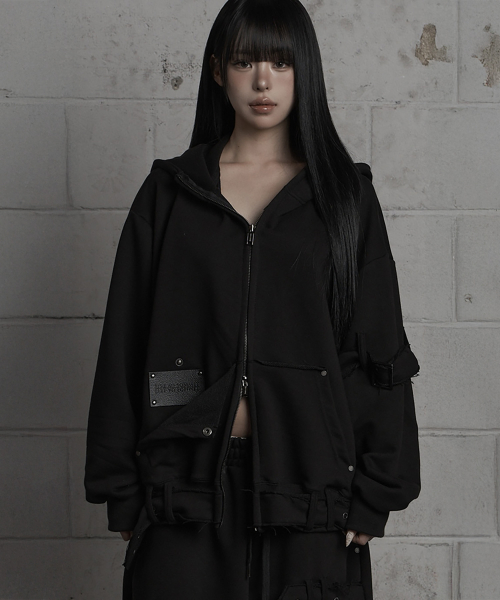 Belted Raw Edge Hood Zip-Up (Black)