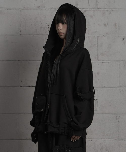 Belted Raw Edge Hood Zip-Up (Black)