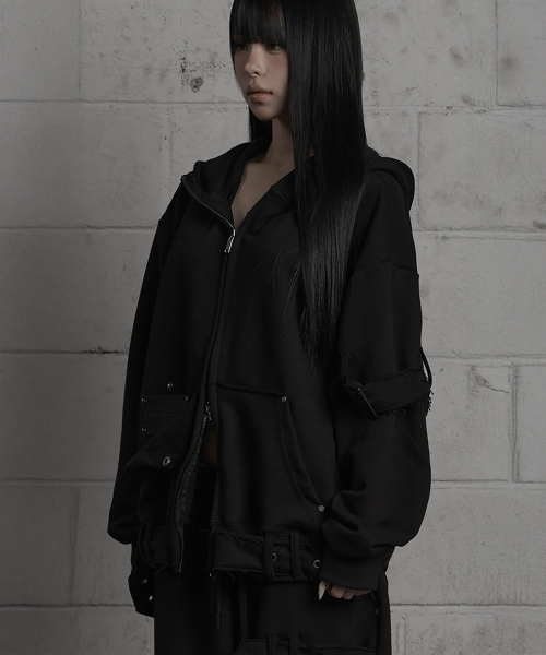 Belted Raw Edge Hood Zip-Up (Black)