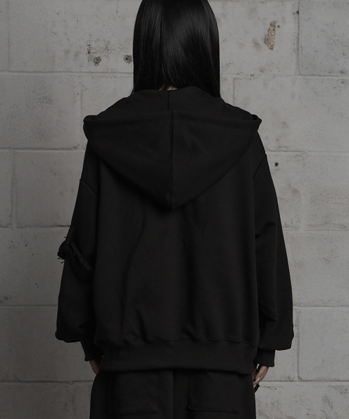 Belted Raw Edge Hood Zip-Up (Black)