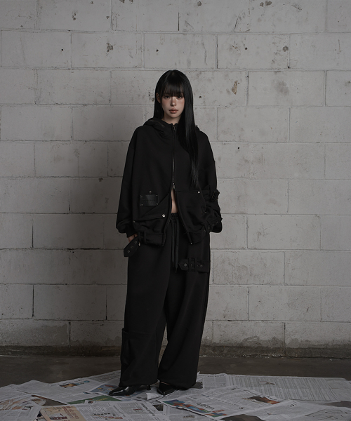 Belted Raw Edge Hood Zip-Up (Black)