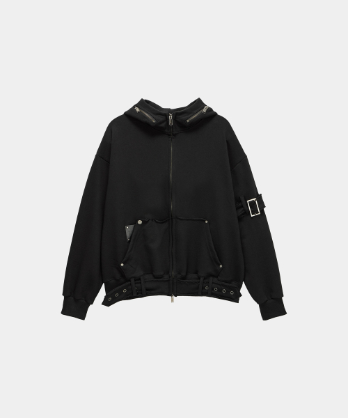 Belted Raw Edge Hood Zip-Up (Black)