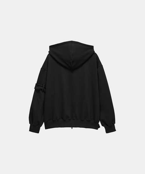 Belted Raw Edge Hood Zip-Up (Black)