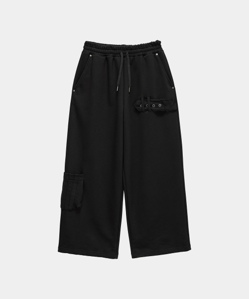 Belted Raw Edge Wide Pants (Black)