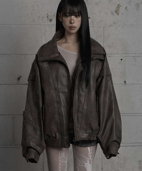 Panel Pocket Leather Bomber (Brown)