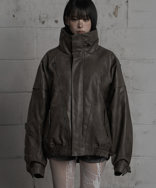 Panel Pocket Leather Bomber (Brown)