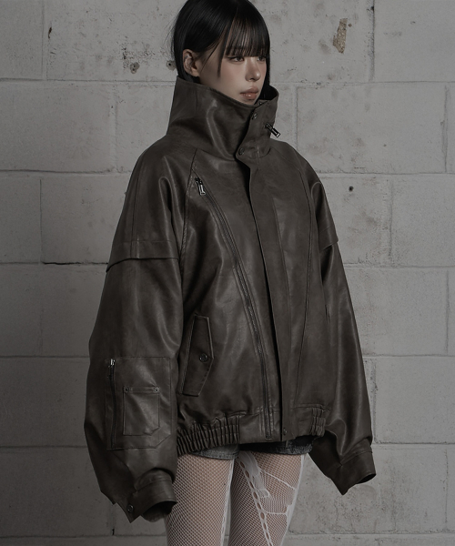 Panel Pocket Leather Bomber (Brown)