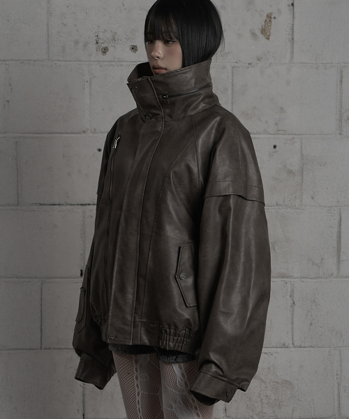 Panel Pocket Leather Bomber (Brown)
