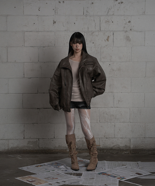 Panel Pocket Leather Bomber (Brown)
