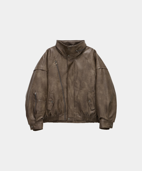 Panel Pocket Leather Bomber (Brown)