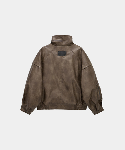 Panel Pocket Leather Bomber (Brown)