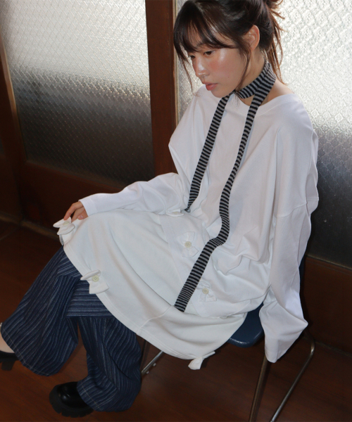 BUTTON RIBBON LONG SLEEVE WHITE