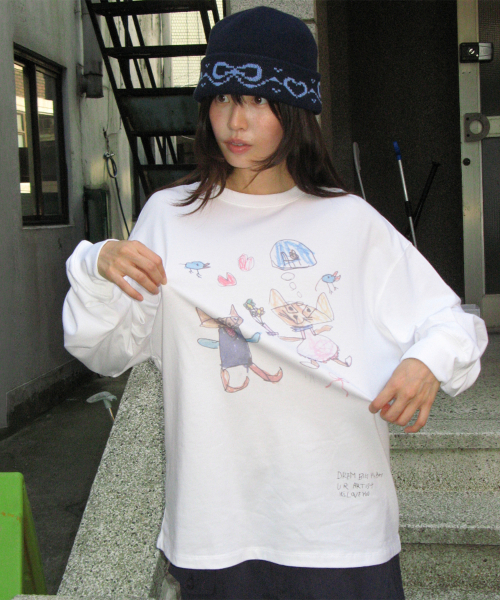 KIDS CAT DOODLE LONG SLEEVE WHITE