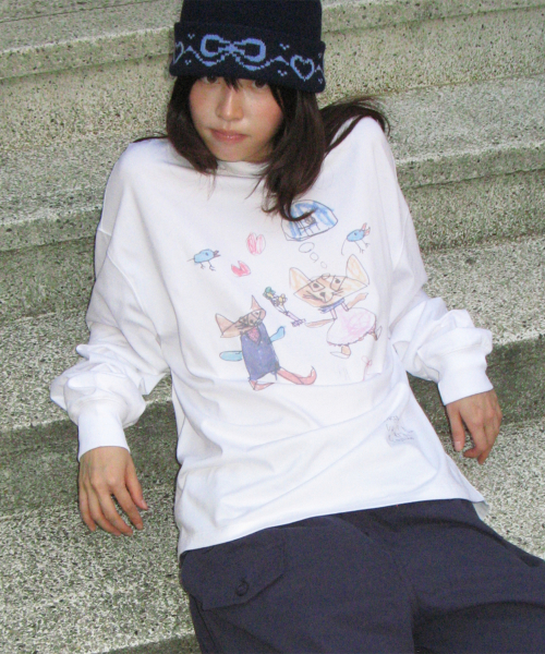 KIDS CAT DOODLE LONG SLEEVE WHITE
