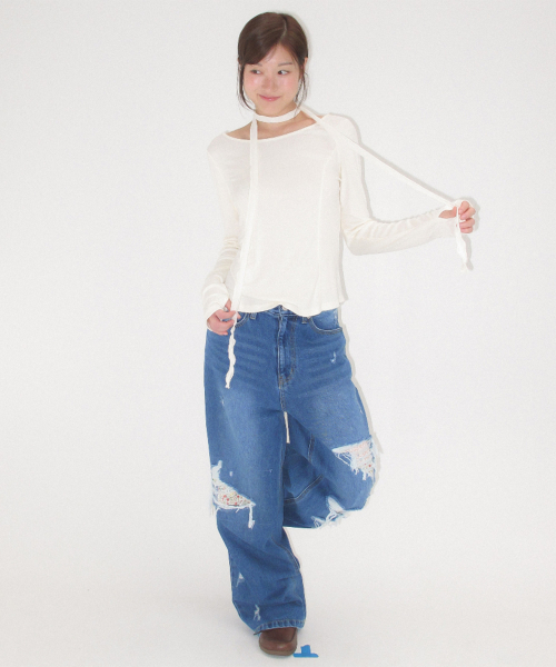 PETIT SCARF SET BOAT NECK LONG SLEEVE CREAM