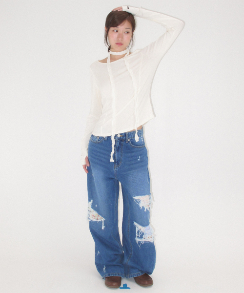 PETIT SCARF SET BOAT NECK LONG SLEEVE CREAM